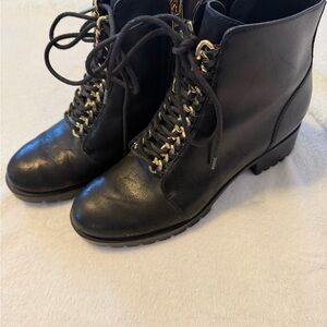 Black Chunky Leather Ankle Boots with Gold Accents